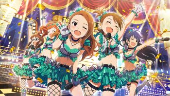 :d ;d ^_^ akizuki_ritsuko arm_up black_choker black_hair boots bow braid breasts brown_hair card_commentary child choker closed_eyes commentary_request confetti fingerless_gloves floating_hair frilled_skirt frills futami_ami game_asset ganaha_hibiki glasses glitter gloves green_bow green_skirt hair_bow hand_up high_heel_boots high_heels high_ponytail holding holding_microphone idol idolmaster idolmaster_(classic) idolmaster_million_live! idolmaster_million_live!_theater_days jewelry knee_boots leg_up long_hair looking_at_viewer microphone minase_iori navel necklace official_alternate_costume official_art one_eye_closed open_mouth orange_hair ponytail red_eyes silver_boots silver_gloves single_fishnet_legwear single_thighhigh skirt smile stage standing standing_on_one_leg star_(symbol) star_necklace takatsuki_yayoi thigh_strap thighhighs third-party_source twin_braids twintails