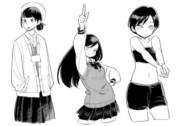 3girls cardigan commentary_request cropped_legs greyscale hand_on_own_hip hari_tabo42 hat highres long_hair looking_at_viewer midriff monochrome multiple_girls navel original pleated_skirt pointing school_uniform short_hair skirt