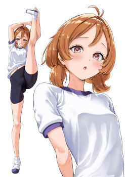 1girl absurdres ahoge ankle_socks black_shorts breasts commentary_request full_body gluteal_fold gym_shirt highres knees legs looking_at_viewer multiple_views oikawa_tooru orange_hair original red_eyes shirt shoes shorts simple_background small_breasts socks split standing standing_on_one_leg standing_split swept_bangs uwabaki white_background white_shirt white_shoes white_socks