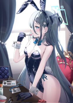 1girl animal_ears aris_(blue_archive) ass black_hair blue_archive bow bowtie breasts chair cleavage curtains dice fake_animal_ears gloves highres lipgloss long_hair medium_breasts playboy_bunny rabbit_ears rabbit_tail sideboob solo table tagme very_long_hair window
