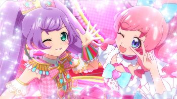 2girls 3d :d ahoge blue_eyes blush bow dress frills green_eyes hair_bow hair_bun high_ponytail idol idol_clothes idol_time_pripara kiratto_pri_chan long_hair looking_at_viewer manaka_laala momoyama_mirai multiple_girls official_art one_eye_closed open_mouth otudane pink_bow pink_hair ponytail pretty_series pripara purple_eyes purple_hair sidelocks skirt smile sparkle sparkling_aura twintails