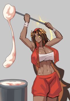 1girl bandeau brown_hair cropped_jacket dondurma_(ice_cream) emperor_of_mankind fez_hat genderswap genderswap_(mtf) halo halo_behind_head hat highres holding holding_pole jacket laurel_crown midriff navel pants podobrick pole red_jacket red_pants shorts solo toned toned_female turkish_clothes warhammer_40k yellow_eyes