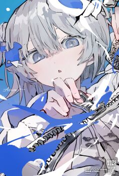 1girl absurdres aiamu_iamu commentary_request fish_hair_ornament grey_hair hair_ornament highres looking_at_viewer original paint_splatter short_hair solo upper_body zipper zipper_pull_tab zipping