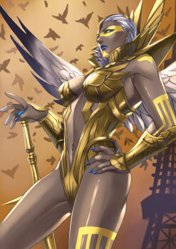 1girl abdiel_(megami_tensei) armpit_crease blue_lips blue_nails breasts commentary dark-skinned_female dark_skin demon_(megami_tensei) english_commentary feathered_wings gold_bracer green_eyes hand_on_hilt hand_on_own_hip highres holding holding_sword holding_weapon navel shin_megami_tensei shin_megami_tensei_v shin_megami_tensei_v:_vengeance short_hair sword tattoo tokyo_tower weapon white_hair wings zeruzeru