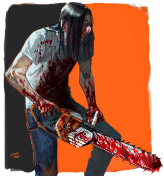 1boy black_background black_hair blood blood_on_clothes blood_on_face blood_on_hands bloody_weapon blue_pants chainsaw ctkcave denim facial_hair glasses goatee hair_over_one_eye holding holding_chainsaw holding_weapon jeans long_hair male_focus mature_male orange_background original pants round_eyewear shirt solo weapon white_background white_shirt
