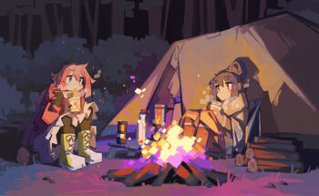 Rule 34 | 2girls, :o, abstract, axe, black sky, boots, bottle, box, brown eyes, brown hair, brown jacket, brown pants, brown scarf, bush, campfire, camping, cape, check clothing, chopsticks, closed mouth, clothing request, commentary, double-parted bangs, eating, english commentary, firewood, food, grass, green eyes, grey cape, hair between eyes, hair bun, highres, holding, holding chopsticks, instant cup noodles, instant noodles, jacket, kagamihara nadeshiko, knee boots, knees up, light blush, light smile, long hair, long sleeves, looking at another, multicolored boots, multiple girls, night, noodles, open mouth, outstretched legs, pants, pink hair, pink jacket, planted, planted axe, purple light, ramen, red pants, rock, scarf, shima rin, shirt, sitting, sky, sparks, spiked hair, steam, tent, togekk0, tree, two-tone boots, white boots, white shirt, yellow boots, yellow light, yuri, yurucamp