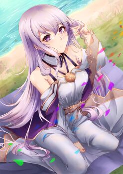 1girl absurdres bare_shoulders breasts commentary dress fire_emblem fire_emblem:_genealogy_of_the_holy_war highres julia_(fire_emblem) long_hair looking_at_viewer medium_breasts nintendo purple_eyes purple_hair sitting solo tapume wariza