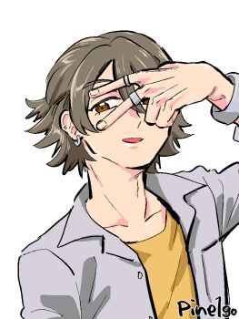 Rule 34 | 1boy, brown eyes, brown hair, collarbone, earrings, hair between eyes, half updo, hand on own face, hoop earrings, jacket, jewelry, kimi to idol precure, looking to the side, mature male, multiple earrings, neck, open clothes, open jacket, open mouth, pineapple 1-gou, precure, ring, shirt, smirk, solo, twitter username, upper body, v, wrist cuffs, yellow shirt