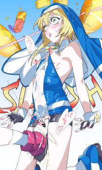 2boys absurdres alternate_color arms_at_sides ball_busting bare_shoulders bdsm bike_shorts black_gloves blonde_hair blue_background blue_shoes blue_veil blush breasts breasts_out bridget_(guilty_gear) broken cbt covered_navel crack cross cross_print crotch_kick cum dashed_eyes ejaculation fingerless_gloves gloves gradient_background green_eyes guilty_gear guilty_gear_xx hair_between_eyes handsfree_ejaculation highres long_sidelocks motion_lines multiple_boys neck_ribbon nipples nun open_mouth penis pink_shoes player_2 pokonyan_(gr1lz) ribbon ribs selfcest shoes sidelocks small_breasts small_penis socks solo_focus sound_effects speech_bubble sweat tearing_up teeth torn_bike_shorts torn_clothes trap uneven_eyes upper_teeth_only veil white_background white_socks white_wrist_cuffs wrist_cuffs yaoi yellow_ribbon