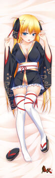 Rule 34 | 1girl, absurdres, akizuki airi, anime coloring, black kimono, black ribbon, black sandals, blonde hair, blue eyes, blush, breasts, cleavage, collarbone, copyright logo, embarrassed, frilled kimono, frills, from above, full body, hair between eyes, hair ribbon, half-closed eyes, hands up, highres, indoors, japanese clothes, kimono, kinohara hikaru, large breasts, leg ribbon, logo, long hair, long sleeves, looking at viewer, lying, obi, official art, okobo, on back, on bed, oni chichi, open mouth, platform sandals, red ribbon, ribbon, sandals, sash, short kimono, solo, thigh ribbon, thighhighs, twintails, very long hair, white sash, white thighhighs