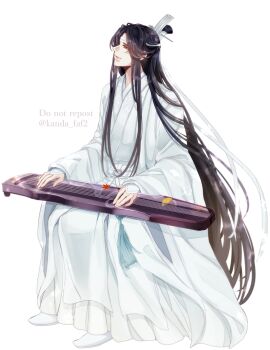 Rule 34 | 1boy, black hair, boots, chinese clothes, closed mouth, commentary request, full body, ginkgo leaf, guqin, hair ribbon, half updo, hanfu, headband, highres, holding, instrument, instrument on lap, invisible chair, kanda faf2, lan wangji, leaf, long hair, long sleeves, looking to the side, male focus, maple leaf, modao zushi, music, on lap, playing instrument, profile, ribbon, robe, sidelocks, simple background, sitting, smile, solo, tassel, topknot, twitter username, very long hair, wangji guqin, watermark, white background, white boots, white hanfu, white headband, wide sleeves, xiao guan (headdress), yellow eyes