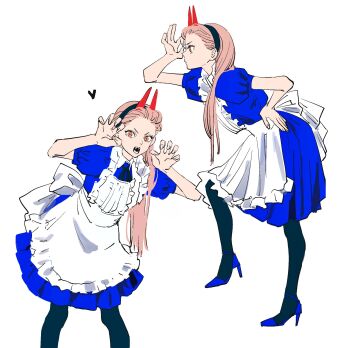 1girl alice&#039;s_adventures_in_wonderland apron blue_dress blue_shoes chainsaw_man claw_pose cosplay cross-shaped_pupils demon_girl demon_horns dress frills from_side full_body hand_on_own_hip heart high_heels highres horns long_hair looking_at_viewer multiple_views needbee_r open_mouth pantyhose power_(chainsaw_man) puffy_sleeves red_horns sharp_teeth shoes short_sleeves simple_background solo spoken_heart straight-on symbol-shaped_pupils teeth white_apron white_background