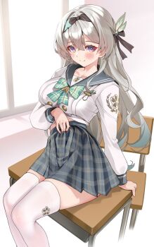 1girl black_sailor_collar blush breasts chair closed_mouth collarbone commentary_request desk firefly_(honkai:_star_rail) firefly_(spring_missive)_(honkai:_star_rail) grey_hair grey_skirt highres honkai:_star_rail honkai_(series) indoors long_hair long_sleeves matrix16 on_desk plaid_clothes plaid_skirt purple_eyes sailor_collar school_chair school_desk school_uniform serafuku shadow shirt sitting skirt smile solo thighhighs white_background white_shirt white_thighhighs