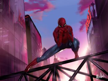 1boy animal_print artist_name bodysuit building cityscape cloud highres marvel mask mugi_(mugit49) putting_on_mask radio_antenna reflection signature sky solo spider-man spider-man_(series) spider_print spider_web_print superhero_costume