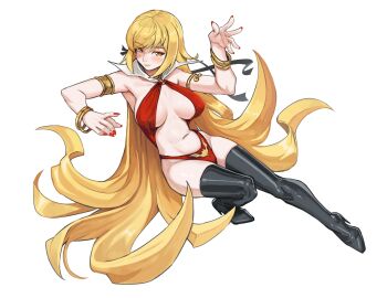 1girl armlet bangle black_boots black_ribbon blonde_hair blush boots bracelet breasts closed_mouth collar cosplay fingernails gold_armlet gold_bracelet hair_ribbon hand_up high_heel_boots high_heels highres jewelry kiss-shot_acerola-orion_heart-under-blade large_breasts long_fingernails long_hair looking_at_viewer monogatari_(series) multiple_bracelets nail_polish navel o-ring one-piece_swimsuit oshino_shinobu red_nails red_one-piece_swimsuit ribbon ricman_rt simple_background smile solo species_connection swimsuit thigh_boots vampirella vampirella_(character) vampirella_(character)_(cosplay) very_long_hair white_background white_collar yellow_eyes