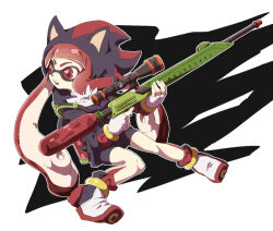 Rule 34 | 1girl, bike shorts, cosplay, crossover, fangs, full body, gloves, inkling girl, inkling player character, nintendo, red eyes, red hair, shadow the hedgehog, shadow the hedgehog (cosplay), shadow the hedgehog (game), solo, sonic (series), splat charger (splatoon), splatoon (series), t akiko, tentacle hair, white gloves