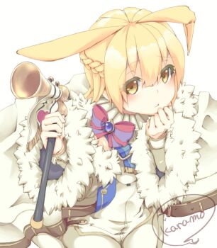 1girl animal_ears artist_name blonde_hair blush breasts bugle closed_mouth fur-trimmed_sleeves fur_trim gem grimms_notes hair_between_eyes hand_up heart holding holding_rod instrument kaiteiyou_rappa_rod_(grimms_notes) karamo_(c_karamomo) looking_at_viewer pants pantyhose purple_gem rabbit_ears rabbit_girl ribbon rod simple_background solo striped_ribbon white_background white_pants white_pantyhose white_rabbit_(fukokuyaku)_(grimms_notes) white_rabbit_(grimms_notes) wide_sleeves