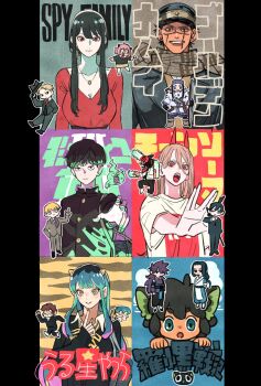 5girls 6+boys :o ainu_clothes animal_ears anya_(spy_x_family) aqua_hair arm_mounted_weapon asirpa black_hair black_headwear black_necktie black_sweater blonde_hair bow_(weapon) breasts brown_hair cat cat_boy cat_ears chainsaw chainsaw_devil chainsaw_man changpao chibi child chinese_clothes cleavage colored_tips copyright_name cover crossover ekubo_(mob_psycho_100) extra_arms facial_scar fake_cover fengxi_(the_legend_of_luoxiaohei) flying formal_clothes gakuran glowing golden_kamuy grin hair_between_eyes hair_over_one_eye hairband hand_in_pocket hand_on_own_hip hat hat_tip hayakawa_aki highres hitodama holding holding_bow_(weapon) holding_unworn_clothes holding_unworn_hat holding_weapon horns index_finger_raised jacket jewelry kageyama_shigeo long_hair long_sleeves looking_at_another looking_at_viewer looking_away low-tied_long_hair lum luo_xiaohei luo_xiaohei_zhanji medium_breasts mob_psycho_100 monster_boy moroboshi_ataru multicolored_hair multiple_boys multiple_crossover multiple_girls necklace necktie one_eye_covered oni open_mouth outside_border outstretched_arm pants pendant pillarboxed pink_hair plaid_clothes plaid_scarf ponytail power_(chainsaw_man) print_shirt purple_hair reaching reaching_towards_viewer red_eyes red_necktie reigen_arataka running scar scar_across_eye scar_on_cheek scar_on_face scar_on_nose scarf school_uniform sharp_teeth shirt short_hair sidelocks smile spy_x_family standing star_(symbol) straight_hair streaked_hair sugimoto_saichi suit surprised sweater sword sword_on_back t-shirt takeuchi_ryousuke teeth ten_(urusei_yatsura) tiger_stripes topknot twilight_(spy_x_family) unworn_hat unworn_headwear updo upper_body urusei_yatsura weapon weapon_on_back wuxian_(the_legend_of_luoxiaohei) yor_briar