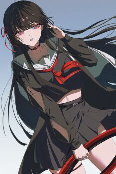 1girl absurdres adversarial_noise arm_cutout black_choker black_hair black_jacket black_serafuku black_shirt black_skirt breasts chisa_(wuthering_waves) choker clothing_cutout collarbone commentary_request crop_top hair_ribbon hand_up highres jacket long_hair long_sleeves looking_to_the_side medium_breasts mole mole_under_eye neckerchief nininininil parted_lips red_eyes red_neckerchief red_ribbon ribbon sailor_collar school_uniform serafuku shirt skindentation skirt solo thigh_strap thighs very_long_hair white_sailor_collar wind wuthering_waves