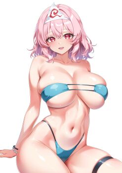 1girl absurdres alternate_costume bead_bracelet beads bikini blue_bikini bracelet breasts collarbone eyepatch_bikini highres jewelry large_breasts leo23 navel open_mouth pink_hair red_eyes saigyouji_yuyuko simple_background sitting solo swimsuit thigh_strap touhou triangular_headpiece white_background