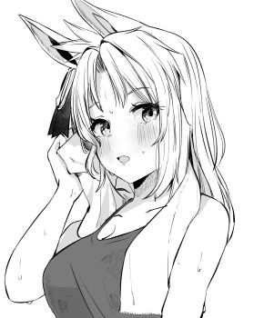 1girl animal_ears artist_self-insert bare_shoulders blush blush_stickers breasts cleavage collarbone commentary_request ear_ornament genderswap genderswap_(mtf) greyscale highres horse_ears horse_girl looking_at_viewer medium_breasts medium_hair monochrome open_mouth original sleeveless solo sweat nervous_sweating tank_top towel towel_around_neck umamusume upper_body yu'nyanko-chan_(yu'nyanko) yunekoko