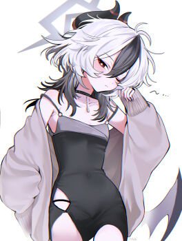1girl absurdres alternate_hairstyle black_choker black_dress black_horns blue_archive choker collarbone commentary_request demon_horns diamond_necklace dress ear_piercing grey_halo grey_jacket halo haze_(7h4ze) highres horns jacket kayoko_(blue_archive) kayoko_(dress)_(blue_archive) looking_at_viewer mole mole_on_collarbone multicolored_hair official_alternate_costume one_eye_closed open_clothes open_jacket piercing red_eyes single_wing solo strap_slip studded_choker two-tone_hair white_background white_hair wings wolf_cut