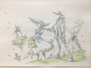 1boy 1girl ascot blonde_hair blue_bow boots bow braid buttons center_frills closed_mouth cloud commentary faceless faceless_male falling_leaves floating_island formal_clothes frilled_shirt frilled_skirt frills grass hair_bow hand_on_own_hip hat highres holding holding_suitcase jacket lace-up_boots lapels layered_sleeves leaf long_hair long_sleeves notched_lapels original outdoors pants peter_salt shirt shoes short_over_long_sleeves short_sleeves single_braid skirt suit suit_jacket suitcase sun_hat traditional_media white_ascot white_boots white_hat white_pants white_shirt white_shoes white_skirt white_suit windmill