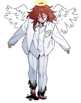 1boy angel angel_devil_(chainsaw_man) angel_wings barefoot black_liquid brown_hair chainsaw_man closed_eyes constantine_(series) feathered_wings halo jacket kkangmuu lucifer_(constantine) pants scene_reference shirt simple_background solo stained_clothes suit_jacket traditional_halo white_background white_jacket white_pants white_shirt white_wings wings
