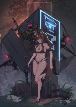 1girl absurdres animal_ear_fluff animal_ears armband assault_rifle backlighting bikini black_bikini breasts brown_hair cadpat callisto_(greyeth) cameltoe chain commission dog_tags female_pubic_hair fox_ears fox_tail gun highres holding holding_gun holding_weapon long_bangs looking_at_viewer medium_breasts metal_plate midriff multicolored_hair navel_piercing neon_sign orange_eyes original piercing ponytail pubic_hair pubic_hair_peek rifle robot sandals second-party_source shell_casing sig_mpx streaked_hair submachine_gun swimsuit syaha tail thong tree watch weapon