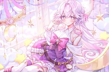 1girl alllisso analog_clock artist_name belt_pouch blush bow breasts chain clock closed_mouth cloud collared_shirt commission frilled_skirt frills gold_chain hair_ribbon highres jewelry long_hair on_bed original pillow pink_bow pouch purple_eyes purple_skirt ribbed_shirt ribbon ring shirt skirt sleeveless sleeveless_shirt solo star-shaped_pupils star_(symbol) symbol-shaped_pupils white_shirt window