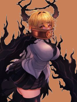 Rule 34 | 1girl, black claws, black halo, black hands, black necktie, black skirt, black thighhighs, blonde hair, blush, breasts, broken, broken chain, cape, chain, collar, colored extremities, demon girl, demon tail, don quixote (project moon), e.g.o (project moon), gloves, gold collar, gugugu44630967, halo, highres, horns, index (identity) (project moon), jacket, jewelry, large breasts, limbus company, long sleeves, looking at viewer, necklace, necktie, procuration (e.g.o), project moon, shirt, short hair, skirt, solo, tail, thighhighs, white cape, white shirt, yellow eyes