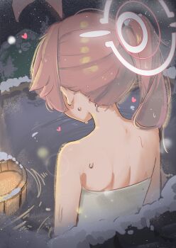 1girl absurdres back bare_shoulders blue_archive bucket commentary from_behind halo heart high_(hgih) highres hoshino_(blue_archive) long_hair naked_towel nape onsen partially_submerged pink_hair pink_halo ponytail snow snowing solo towel water wet wooden_bucket