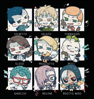 6+boys black_hood black_jacket blindfold blonde_hair blood blue_eyes blue_hair bottle bracelet brown_hair bullet character_name chibi chibi_only cigarette colored_blindfold curtained_hair dna evil_grin evil_smile fang formaggio gelato_(jojo) ghiaccio glass_shard glass_shards glasses gloves green_eyes green_hair grin hair_over_one_eye highres holding holding_bottle holding_paper illuso jacket jewelry jojo_no_kimyou_na_bouken long_hair long_sleeves male_focus melone multicolored_eyes multiple_boys ok_sign open_mouth orange_eyes orange_hair paper pesci pill pill_bottle prosciutto_(jojo) purple_gloves purple_hair quad_tails red-framed_eyewear red_eyes red_jacket risotto_nero scissors shaded_face sharp_teeth shinoru_all short_hair short_sleeves skull smile smoke smoking sorbet_(jojo) sweat teeth two-tone_eyes upper_body vento_aureo very_short_hair white_hair