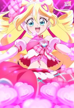 Rule 34 | 1girl, arm warmers, bare shoulders, beads, blonde hair, blue eyes, blush, bow, bow-shaped hair, bow choker, breasts, choker, commentary request, crop top, cure idol, cure nico, detached sleeves, drill hair, earrings, hair beads, hair between eyes, hair ornament, hair ribbon, hairband, headset, heart, heart earrings, heart hair ornament, highres, idol, idol clothes, idol heart brooch (precure), idol heart incom, jewelry, kimi to idol precure, long hair, looking at viewer, magical girl, medium breasts, midriff, multicolored hair, multiple earrings, navel, open mouth, pink bow, pink hair, pink ribbon, pink shirt, pink skirt, pink theme, pink wrist cuffs, plaid bow, plaid ribbon, precure, puffy detached sleeves, puffy sleeves, red bow, red choker, ribbon, sakura uta (precure), scrunchie, shirt, shirt bow, single arm warmer, skirt, smile, solo, stomach, streaked hair, twintails, twitter username, two-tone hair, watermark, white hairband, wrist cuffs, wrist scrunchie
