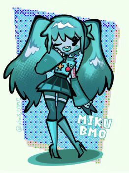 1girl adventure_time aliens_uteu7 aqua_boots aqua_hair aqua_skin aqua_sleeves artist_name black_skirt bmo boots character_name colored_skin detached_sleeves full_body fusion halftone halftone_background hatsune_miku high_heel_boots high_heels highres long_hair one_eye_closed open_mouth pleated_skirt skirt smile solo standing twintails very_long_hair vocaloid