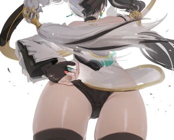 1girl adjusting_clothes ass black_gloves black_hair black_thighhighs china_dress chinese_clothes commentary_request dialyn_(zenless_zone_zero) dress fingerless_gloves gloves long_hair multicolored_nails solo thighhighs tsuchiro_(fgnj3324) twintails white_background white_dress white_hair zenless_zone_zero