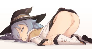 1girl anus black_hat blue_eyes blue_hair cleft_of_venus commentary decensored dress english_commentary female_focus full_body half-closed_eyes hat highres kanbaki loli long_sleeves mushoku_tensei no_panties parted_lips pussy roxy_migurdia simple_background solo third-party_edit top-down_bottom-up uncensored white_background witch_hat