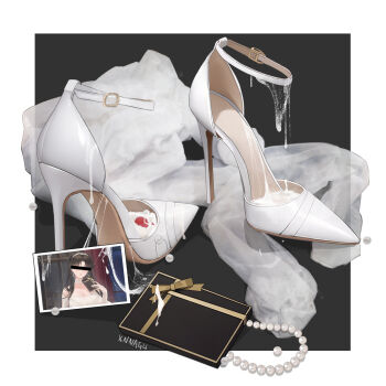 1girl bar_censor black_background black_hair border box breasts censored censored_identity cleavage cum cum_on_clothes cumdrip dress gift high_heels highres jewelry long_hair necklace pearl_necklace photo_(object) shoes stiletto_heels unworn_shoes white_dress white_footwear xnnagu