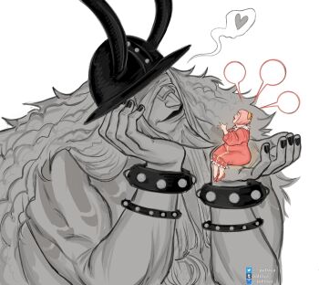 1boy 1girl armlet bandages bandages_over_eyes black_nails bow carrying carrying_person commentary dress english_commentary facial_hair fake_horns giant goatee hair_bow head_rest helmet highres horned_helmet horns jewelry lips loki_(one_piece) lola_(one_piece) long_hair looking_at_another low-tied_sidelocks muscular muscular_male one_piece pallaya partially_colored pink_dress sidelocks sitting smile speech_bubble spiked_armlet talking white_background yellow_bow