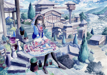 1girl architecture black_hair blue_corset blue_eyes blue_sky bridge building bush cloud corset dress east_asian_architecture expressionless floral_print floral_print_dress flower forest frilled_dress frills glass_bottle highres kimono_dress kyuui medium_hair mountainous_horizon nature original painting_(medium) path pink_flower pink_headdress plant pointy_ears potted_plant print_dress road scenery shishi_odoshi sitting sky solo stairs stone_stairs tile_roof tower traditional_media tree watercolor_(medium) wooden_bridge