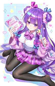1girl alternate_costume black_pantyhose blue_bow book bow bowtie breasts cleavage commentary_request contemporary crescent crescent_hair_ornament double_bun hair_bow hair_bun hair_ornament heart highres holding holding_book holding_wand long_hair no_shoes pantyhose patchouli_knowledge pink_bow plaid_clothes plaid_skirt purple_bow purple_bowtie purple_eyes purple_skirt shirt sitting skirt smile solo touhou tsubakiharuki wand wariza white_shirt