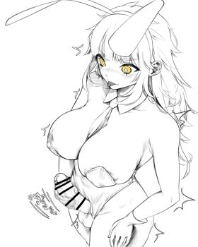 1girl absurdres blush clothing_aside futanari highres leotard leotard_aside long_hair masturbation monochrome norunollu original playboy_bunny tongue tongue_out yellow_eyes