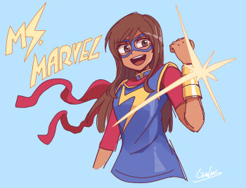 1girl blue_dress breasts brown_eyes brown_hair character_name commentary domino_mask dress english_commentary eye_mask galois highres kamala_khan long_hair marvel mask medium_breasts ms._marvel_(kamala_khan) open_mouth red_skirt round_teeth signature skirt smile solo superhero_costume teeth upper_body upper_teeth_only vambraces