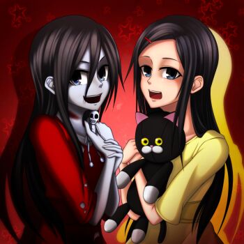Rule 34 | 1girl, artist request, black hair, blood, blood from mouth, blue eyes, bruise, corpse party, dress, dual persona, fran bow dagenhart, ghost, hair ornament, hairclip, injury, long hair, looking at viewer, open mouth, shinozaki sachiko, smile, stuffed animal, stuffed toy, very long hair