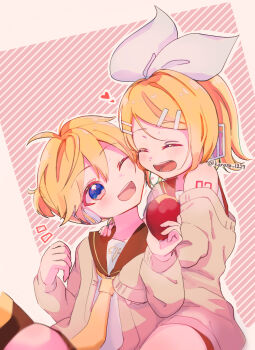 1boy 1girl :d ;d ^_^ ahoge bass_clef blonde_hair blue_eyes bow brother_and_sister cardigan cheek-to-cheek closed_eyes family_bonding food hair_bow hair_ornament hairclip happy headphones heads_together headset heart highres kagamine_len kagamine_rin kanato_1227 necktie number_tattoo off-shoulder_sweater off_shoulder one_eye_closed open_clothes open_mouth ponytail roasted_sweet_potato robe_slip sailor_collar sharing short_ponytail shorts shoulder_tattoo siblings smile sweater sweet_potato swept_bangs tattoo treble_clef twins twitter_username vocaloid white_bow yellow_necktie