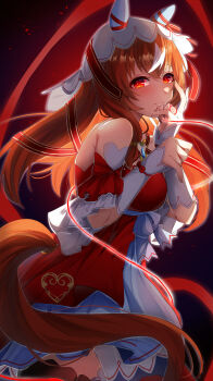 1girl absurdres animal_ears bare_shoulders blush brown_hair brown_tail clothing_cutout dress ear_covers fingernails highres horse_ears horse_girl horse_tail long_hair looking_at_viewer red_dress red_eyes red_ribbon ribbon simple_background smile solo still_in_love_(umamusume) string string_of_fate tail tail_through_clothes two-tone_dress umamusume veil white_dress white_streaks white_veil yume_30_31