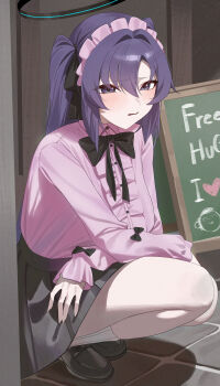 1girl absurdres alternate_costume black_bow black_bowtie black_shoes black_skirt blue_archive blush bow bowtie center_frills commentary_request doodle_sensei_(blue_archive) frilled_hairband frills hairband halo highres hm_(mhm2592) jirai_kei long_hair long_sleeves looking_at_viewer miniskirt pink_shirt pleated_skirt purple_eyes purple_hair sensei_(blue_archive) shirt shirt_tucked_in shoes skirt socks solo squatting white_socks yuuka_(blue_archive)