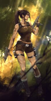 1girl belt black_belt boots breasts brown_eyes brown_hair brown_shorts brown_tank_top dirty dirty_face gun highres holding holding_gun holding_weapon illyne_cosplay jungle lara_croft long_hair looking_to_the_side medium_breasts midriff nature open_mouth outdoors ponytail short_shorts shorts signature solo tank_top tomb_raider weapon weapon_request
