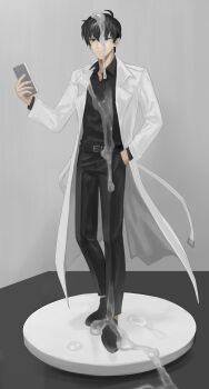 absurdres ahoge black_eyes black_hair black_shirt coat collared_shirt cum cum_on_object cumdrip ejaculation facing_viewer figure full_body hand_in_pocket highres holding holding_phone kim_dokja omniscient_reader&#039;s_viewpoint open_clothes open_coat phone popped_collar pov sexually_suggestive shirt short_hair smile standing suggestive_fluid taotaille white_coat yaoi