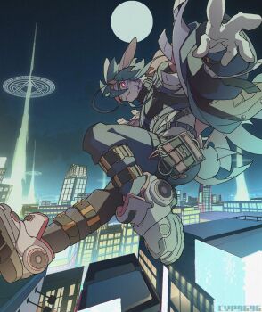 1boy ahoge ankle_belt closed_mouth commentary cyp1a2 furry furry_male hair_between_eyes highres looking_at_another magic_circle male_focus midriff night outstretched_arms pants parkour rabbit_boy red_eyes shoes solo symbol-only_commentary tokyo_houkago_summoners tu&#039;er_shen_(housamo)